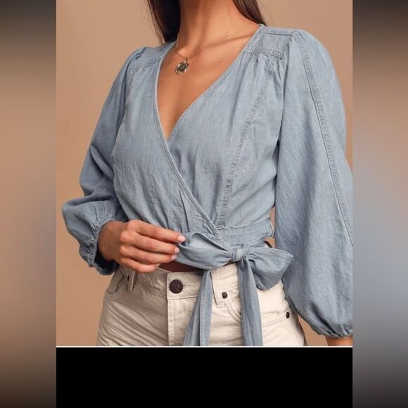 Free People Sophie Denim Wrap Crop Top Light Wash Cotton Sz S Y2K Boho Tie Front - Picture 2 of 9